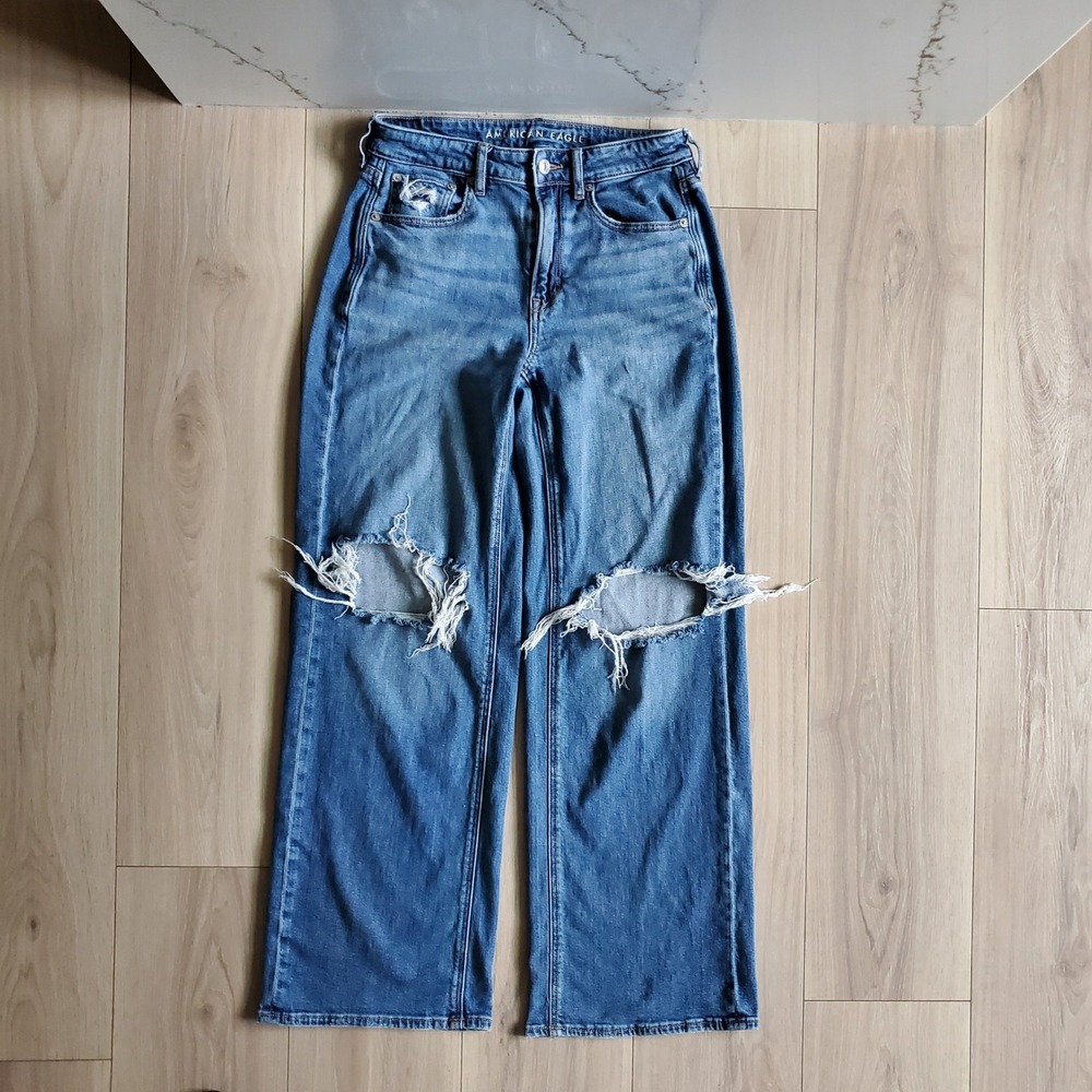 American Eagle Jeans Womens 2 Blue Super High Rise Baggy Wide Leg Distressed